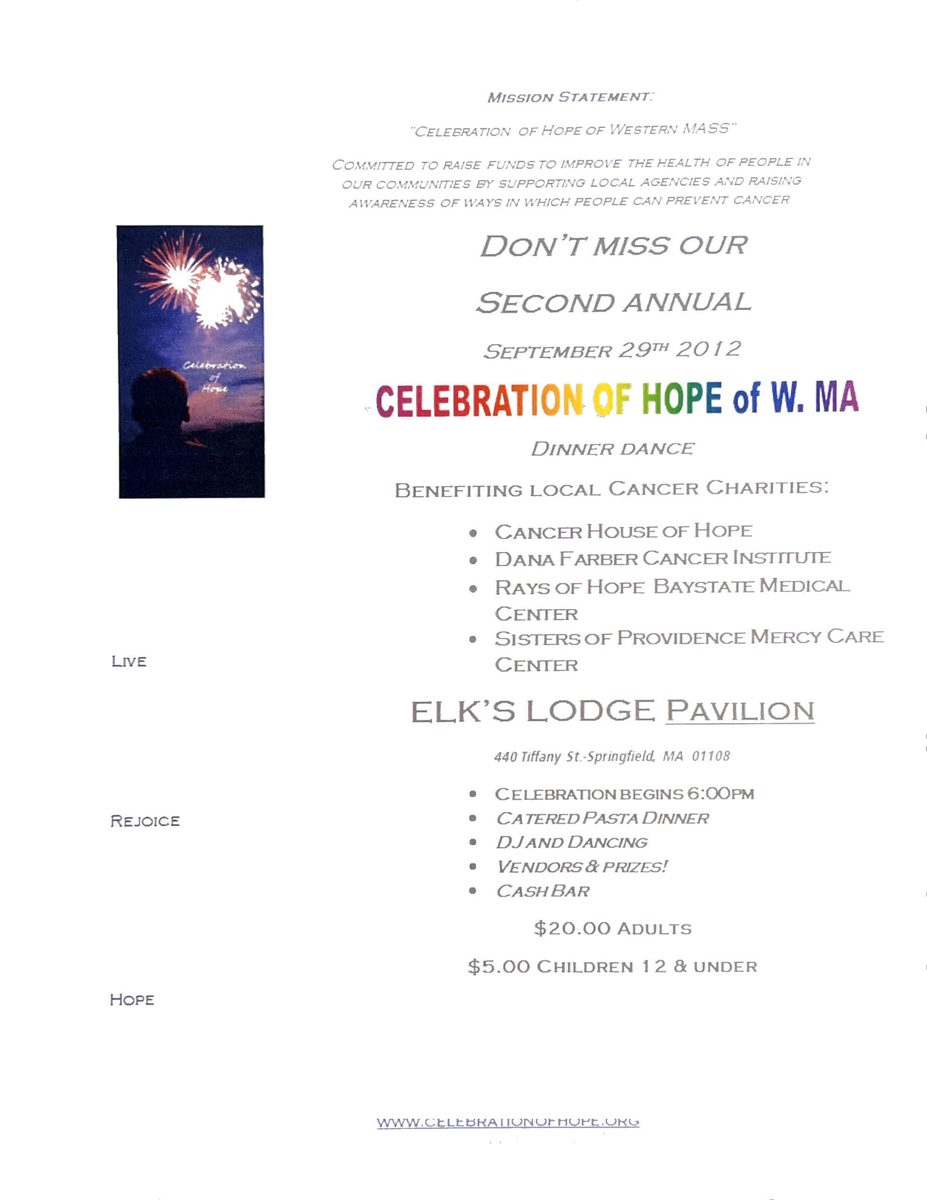 The second annual dinner dance flyer, September 29, 2012, at the Elks Lodge Pavilion.