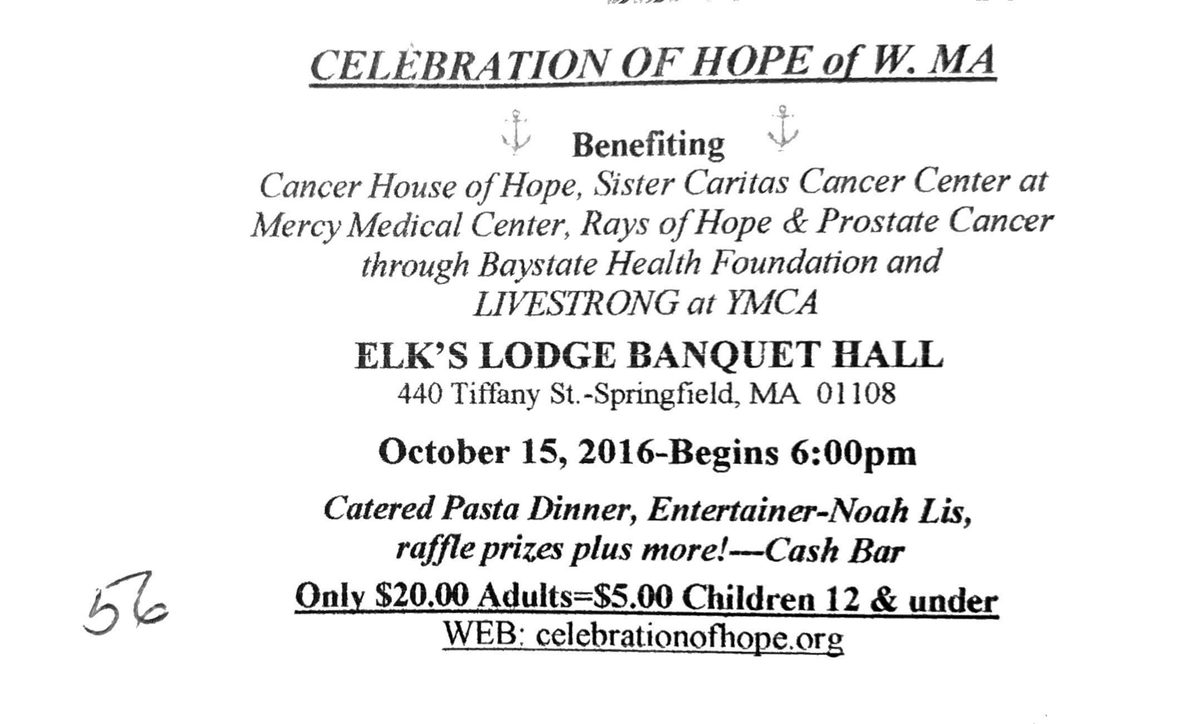 The dinner flyer for the same evening at the Elk's Lodge banquet hall, with entertainer Noah Lis.