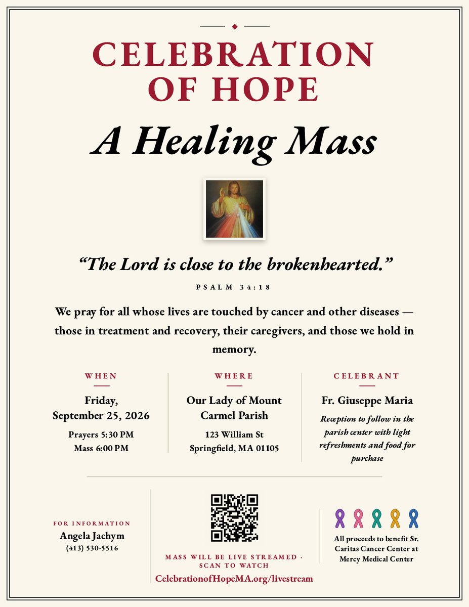 El volante de 2026: Una Misa de Sanaci&oacute;n, viernes 25 de septiembre de 2026, oraci&oacute;n a las 5:30 pm y Misa a las 6:00 pm, en la Parroquia Nuestra Se&ntilde;ora del Monte Carmelo, 123 William St, Springfield MA.