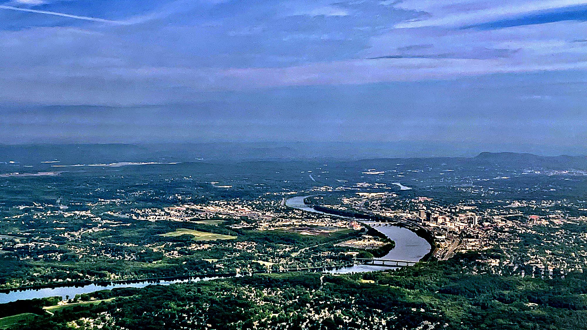 Aerial view of the Connecticut River winding through the Pioneer Valley toward Springfield